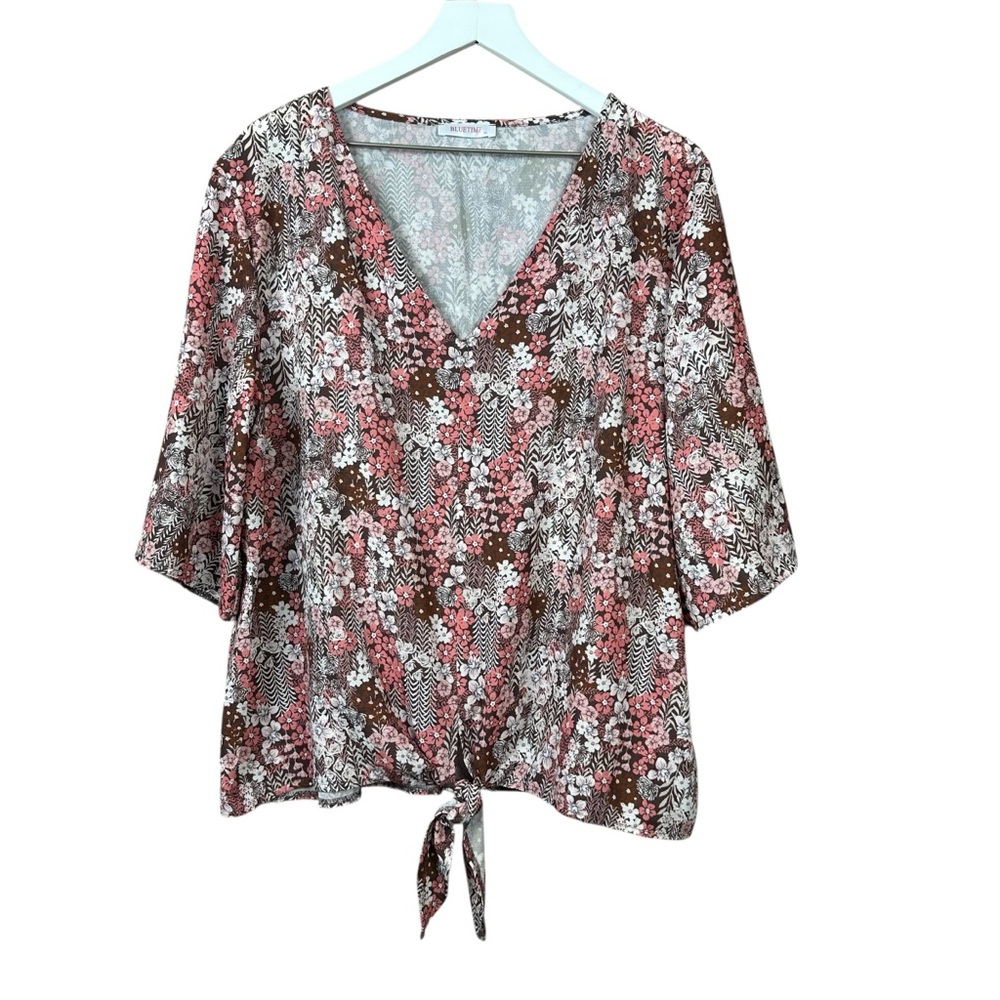 Bluetime Floral V-Neck Tie-Front Blouse Women Sz XL